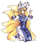  1girl animal_ears blonde_hair dress fox_ears fox_tail frills hat highres kitsune kyuubi mob_cap moonii_desu multiple_tails nekomata ofuda ofuda_on_clothes pillow_hat tabard tail tassel touhou white_dress yakumo_ran yellow_eyes 