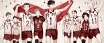  6+boys black_hair blonde_hair brown_hair bunko_(pixiv23590110) closed_eyes collared_shirt flag fukunaga_shouhei grey_hair grin haiba_lev haikyuu!! happy height_difference holding holding_flag hug inuoka_sou jersey kai_nobuyuki knee_pads kozume_kenma kuroo_tetsurou looking_at_another multicolored_hair multiple_boys open_mouth red_flag shibayama_yuki shirt short_hair shorts smile sparkle sportswear two-tone_hair volleyball_uniform walking yaku_morisuke yamamoto_taketora 