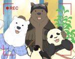  2014 andikapatok anthro avian bird black_body black_fur black_nose brown_bear brown_body brown_fur clothed clothing fur grizzly_(shirokuma_cafe) grizzly_bear group hug kemono mammal panda-kun penguin polar_bear shirokuma shirokuma_cafe ursid ursine white_body white_fur 