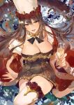  1girl alternate_costume arm_support bangs blue_eyes breasts brown_dress brown_hair champagne_flute christmas_dress cleavage crossed_legs cup dress drinking_glass granblue_fantasy hair_between_eyes holding holding_cup jewelry large_breasts long_hair mcmclunar_(kaz) necklace rosetta_(granblue_fantasy) santa_costume sitting thigh_strap thighs white_headwear 