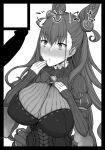  1girl black_border blush border breasts brooch circle_cut corset covering_mouth dress erection fate/grand_order fate_(series) gomu_(chewinggom) greyscale hair_cones hair_ornament hand_over_own_mouth hand_up jewelry large_breasts long_sleeves monochrome murasaki_shikibu_(fate) parted_lips penis penis_awe simple_background sleeves_past_wrists solo_focus upper_body white_background wide-eyed 