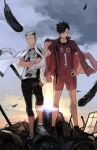  2boys bird black_hair black_legwear black_shorts bokuto_koutarou bunko_(pixiv23590110) cloud crossed_arms expressionless feathers full_body grey_hair haikyuu!! hand_on_hip jacket jacket_on_shoulders jersey knee_pads kuroo_tetsurou male_focus multicolored_hair multiple_boys outdoors red_shorts shoes shorts sky sneakers sportswear standing track_jacket two-tone_hair volleyball_uniform yellow_eyes 