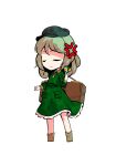  1girl annoyed bangs brown_footwear card closed_eyes closed_mouth dairi eyebrows_visible_through_hair green_eyes green_hair green_headwear green_sleeves hand_up hat long_sleeves short_hair simple_background solo standing touhou white_background yamashiro_takane 