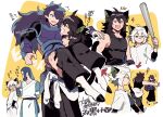  4boys animal_ears arrow_(symbol) baseball_bat black_hair black_tank_top blue_hair cat_boy cat_ears cat_tail fang fengxi_(the_legend_of_luoxiaohei) green_eyes hand_up hands_in_pockets index_finger_raised layered_sleeves long_hair long_sleeves luoxiaohei multiple_boys multiple_persona open_mouth outline profile purple_eyes purple_hair scar short_hair short_over_long_sleeves short_sleeves smile tail tank_top the_legend_of_luo_xiaohei translation_request vox white_hair white_outline wuxian_(the_legend_of_luoxiaohei) 
