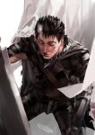  1boy armor bandages berserk black_hair blazpu blood brand_of_sacrifice cape dragonslayer_(sword) guts_(berserk) highres holding huge_weapon male_focus muscular scar short_hair solo sword weapon 