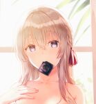  1girl bow braid collarbone condom condom_in_mouth eyebrows_visible_through_hair hair_bow hand_on_own_chest hiten_(hitenkei) indoors light_brown_hair light_purple_eyes long_hair looking_at_viewer mouth_hold nude original plant solo sunlight window 