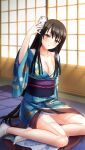  1girl black_hair blue_kimono blush breasts brown_eyes cleavage collarbone doukyuusei doukyuusei_another_world game_cg head_tilt japanese_clothes kimono large_breasts long_hair low-tied_long_hair masaki_natsuko naked_kimono obi official_art open_clothes open_kimono parted_lips print_kimono sash selfie shiny shiny_hair sitting solo tabi very_long_hair white_legwear 