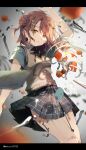  1girl arm_up black_border blue_shirt blurry blurry_foreground bone border braid brown_sweater_vest chinese_lantern_(plant) collared_shirt commentary_request feet_out_of_frame floating floating_object flower hair_flower hair_ornament hairclip highres looking_at_viewer love_live! love_live!_nijigasaki_high_school_idol_club makura_(makura0128) medium_hair neck_ribbon orange_hair parted_lips pleated_skirt red_neckwear ribbon ribs sad shirt short_sleeves side_bun skirt solo tearing_up teeth translation_request twitter_username uehara_ayumu yellow_eyes 