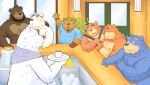  2015 andikapatok anthro beard black_nose blue_body blue_fur blush brown_body brown_fur detailed_background facial_hair fur group inside kemono male male/male mammal moobs nipples overweight overweight_male polar_bear shirokuma shirokuma_cafe sitting ursid ursine white_body white_fur 