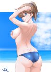  1girl artist_name ass bikini bikini_bottom blue_bikini blue_eyes blue_sky breasts brown_hair cloud commentary_request covering covering_breasts cowboy_shot from_behind highres horizon intrepid_(kancolle) kantai_collection large_breasts looking_at_viewer ocean ponytail short_hair sky solo swimsuit t2r topless 