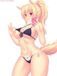  1girl :p absurdres animal_ear_fluff animal_ears bandaid bandaids_on_nipples bangs black_bra black_panties blonde_hair blush bra breasts cat_ears cat_girl cat_tail cleavage collarbone commentary covered_nipples cowboy_shot eyebrows_visible_through_hair highres holding holding_phone large_breasts long_hair looking_at_viewer navel nottytiffy original panties pasties patreon_username phone ponytail red_eyes simple_background slit_pupils solo standing tail tiffy_(nottytiffy) tongue tongue_out underboob underwear white_background 