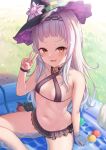  1girl :d bangs bare_arms bare_shoulders bikini black_bikini black_headwear blush breasts brown_eyes commentary_request criss-cross_halter day frilled_bikini frills grey_hair halter_top halterneck hand_up hat highres hololive long_hair looking_at_viewer murasaki_shion navel open_mouth outdoors shallow_water shimokirin sitting small_breasts smile solo swimsuit tilted_headwear v very_long_hair virtual_youtuber wading_pool water witch_hat 