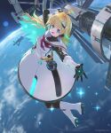  1girl ahoge blonde_hair blue_eyes commentary_request dress fang full_body hair_ornament igarashi_youhei long_hair looking_at_viewer multicolored_hair official_art open_mouth planet reaching_out shadowverse solo space space_station sparkle 