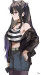  1girl bangs bare_shoulders black_choker black_hair black_jacket blue_shorts blush breasts brown_headwear choker commentary_request crop_top ear_piercing eyebrows_visible_through_hair from_side gradient_hair hair_between_eyes hair_horns hand_on_hip highres holding holding_phone jacket large_breasts long_hair looking_at_viewer mole mole_on_breast multicolored_hair off_shoulder original pantyhose phone piercing purple_eyes purple_hair saya_(mychristian2) shirt shorts simple_background solo striped striped_shirt very_long_hair white_background 