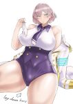  1girl absurdres bangs bare_shoulders blue_eyes blush collared_shirt gloves gloves_removed gridman_universe highres military_jacket mujina necktie off_shoulder pink_hair purple_corset purple_neckwear purple_shorts puzenketsu shirt short_hair short_necktie shorts sleeveless sleeveless_shirt ssss.dynazenon thick_thighs thighs underbust white_background white_gloves 