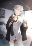  1girl bed bedroom black_neckwear blush brown_jacket cup girls_frontline grey_hair hair_between_eyes highres holding holding_cup indoors jacket long_sleeves looking_at_viewer m200_(girls_frontline) messy_hair mug necktie off_shoulder open_mouth panties pillow ponytail purple_eyes shirt solo steam tomurasuisen underwear white_panties white_shirt window 