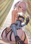  1girl arm_support ass bangs black_gloves blunt_bangs breasts butt_crack commentary_request cross-laced_slit detached_sleeves flower from_behind gloves highres holding holding_flower huge_ass kaine_(nier) large_breasts lily_(flower) looking_back mixed-language_commentary nier nier_(series) parted_lips sideboob sitting solo thick_thighs thighs white_hair yasojima_nejiro 