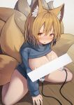  1girl absurdres alternate_costume animal_ears bar_censor blonde_hair blue_sweater breast_pump breasts censored cleavage cleavage_cutout clothing_cutout commentary_request cum cum_on_body cum_on_breasts fox_ears fox_tail heart heart-shaped_pupils highres large_breasts looking_at_viewer mamemochi meme_attire milking_machine multiple_tails open-chest_sweater short_hair solo sweater symbol-shaped_pupils tail touhou yakumo_ran yellow_tail 