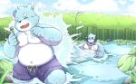  2021 anthro bathing blue_body blue_fur bonasiah clothing detailed_background duo eyes_closed full_attack fur humanoid_hands kemono male mammal noichi_53 outside overweight overweight_male sophring_hao sophring_jie swimwear ursid water white_body white_fur young 