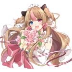  1girl :d blue_eyes bouquet brown_hair douya_(233) dress earrings elbow_gloves flower girls_frontline gloves heart heart_earrings heterochromia jewelry long_hair looking_at_viewer mk23_(girls_frontline) official_alternate_costume open_mouth red_eyes smile solo two_side_up upper_body wedding_dress white_background white_dress 