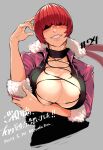  1girl arm_under_breasts blush breasts cleavage cleavage_cutout clothing_cutout commentary_request cropped_jacket finger_to_head fur_collar fur_cuffs grey_background grin hair_over_eyes highres koda1ra large_breasts red_hair shermie_(kof) smile split_ponytail the_king_of_fighters translation_request 