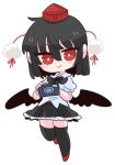  bird_wings black_hair black_legwear black_ribbon black_skirt black_wings camera collared_shirt frilled_skirt frills geta hat highres kneehighs op_na_yarou pom_pom_(clothes) red_eyes red_footwear ribbon shameimaru_aya shirt short_hair skirt tengu-geta tokin_hat touhou white_shirt wings 