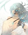  1girl android blue_eyes blue_hair damaged detached_arm highres kazunari_(prawn10231) long_hair mechanical_parts original robot science_fiction severed_limb simple_background solo upper_body 