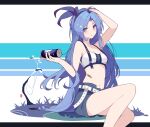  1girl :o bandaid blue_eyes blue_hair blue_shorts borrowed_character can commentary_request eyebrows_visible_through_hair hair_ribbon holding holding_can ideolo legs letterboxed long_hair minah_(chaesu) navel original ribbon shorts sitting solo swimsuit 
