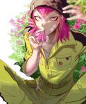  1boy bangs beanie black_headwear blurry blurry_foreground braid breast_pocket collarbone commentary_request danganronpa_(series) danganronpa_2:_goodbye_despair flower from_above hand_up hat holding jumpsuit looking_at_viewer male_focus medium_hair mouth_hold pink_eyes pink_flower pink_hair pocket short_hair single_braid sitting solo souda_kazuichi yamagishi-sota yellow_jumpsuit 