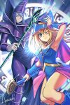  1boy 1girl amasaki_yusuke artist_name blonde_hair blue_footwear blue_hair blue_headwear blush boots breasts dark_magician dark_magician_girl duel_monster green_eyes hand_on_own_head hat highres holding holding_staff long_hair one_eye_closed open_hand purple_headwear robe small_breasts smile staff v-shaped_eyebrows witch witch_hat wizard yu-gi-oh! 