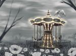  1girl absurdres angel angel_wings bare_tree carousel dress field flower flower_field fog grey_dress grey_sky grey_theme halnaga_oyogu highres original outdoors scenery silver_hair solo spot_color standing tree white_wings wings 