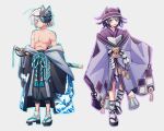  2boys :d ahoge android bangs bell black_hair blue_eyes cheer_(cheerkitty14) clothing_request collarbone danganronpa_(series) danganronpa_v3:_killing_harmony english_commentary fang full_body grey_background grey_hair horns japanese_clothes keebo kimono looking_at_viewer male_focus mask mask_on_head multiple_boys off_shoulder one_eye_closed one_eye_covered open_mouth ouma_kokichi purple_eyes shirtless short_hair simple_background sketch smile standing sword weapon wide_sleeves 