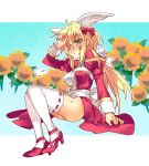  1girl =3 arutopian bangs blonde_hair blue_eyes blush bow breasts commentary_request cross dress eyebrows_visible_through_hair flower full_body hair_between_eyes hair_bow head_wings high_heels high_priest_(ragnarok_online) invisible_chair juliet_sleeves long_hair long_sleeves looking_afar medium_breasts one_eye_closed open_mouth ponytail puffy_sleeves ragnarok_online red_bow red_dress red_footwear ribbon-trimmed_sleeves ribbon_trim sash sitting solo sunflower sweat thighhighs two-tone_dress white_bow white_dress white_legwear white_sash white_wings wings yellow_flower 