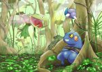  absurdres against_tree black_eyes carnivine colored_sclera croagunk crossed_arms day gen_4_pokemon highres no_humans open_mouth outdoors plant pokemon pokemon_(creature) powder q-chan skorupi sunlight tree yellow_sclera 