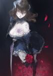  1girl bare_shoulders black_hair bloodstained:_ritual_of_the_night blue_eyes breasts brown_hair cleavage flower highres large_breasts lips looking_at_viewer miriam_(bloodstained) nat_the_lich rose short_hair skirt solo sword tattoo thighs weapon 