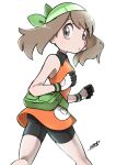 1girl absurdres ayakadegozans bangs bare_arms bike_shorts brown_hair collared_dress commentary_request dress eyelashes fanny_pack gloves green_bag green_bandana grey_eyes highres kneepits looking_at_viewer looking_back may_(pokemon) orange_dress pokemon pokemon_(game) pokemon_emerald pokemon_rse short_dress signature simple_background solo white_background 