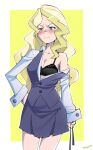  1girl angry annoyed black_bra blonde_hair blue_eyes blush bra bra_peek bra_strap breasts diana_cavendish dress embarrassed hand_on_hip highres jacket little_witch_academia long_hair luna_nova_school_uniform medium_breasts off-shoulder_dress off-shoulder_jacket off-shoulder_shirt off_shoulder open_clothes open_jacket school_uniform shirt solo underwear witch woogleboy 