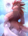  anthro big_breasts big_butt blue_eyes breasts butt female hi_res huge_breasts looking_back mammal mature_female neph nude porcupine ranslu rodent shower showering smile solo spines steam towel water wet 