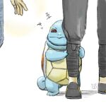  2others angry black_footwear black_pants brown_eyes closed_mouth commentary_request fumuna gen_1_pokemon grey_background half-closed_eye hiding hug leg_hug looking_at_another multiple_others no_humans pants pokemon signature simple_background solo_focus squirtle standing white_background 