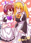  2girls blonde_hair bow bowtie breasts closed_eyes maid maid_headdress multiple_girls purple_eyes purple_hair rummy_73 senko_(urashimasakatasen) senra_(singer) shima_(niconico) shimako_(urashimasakatasen) short_hair twintails urashimasakatasen utaite_(singer) yellow_eyes 