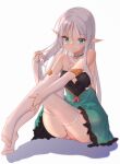  1girl aqua_eyes character_request cv-3_(dejiajia) elf full_body long_hair looking_at_viewer noise panties pointy_ears silver_hair simple_background sitting solo thighhighs underwear white_background white_legwear 