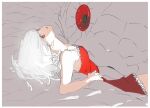  1girl animal babydoll bare_shoulders dress giant_snake gorgon head_tilt highres kakeami looking_at_viewer monogatari_(series) oversized_animal red_babydoll red_eyes sengoku_nadeko shaft_look sleeveless sleeveless_dress slit_pupils snake snake_hair standing_on_animal white_hair white_snake 