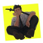  1boy absurdres black_eyes black_hair black_neckwear black_pants brown_footwear from_below hand_on_own_chin highres jujutsu_kaisen kusakabe_atsuya male_focus necktie pants sheath sheathed shirt shoes solo spiked_hair squatting starryskywinter sword weapon white_shirt yellow_background 