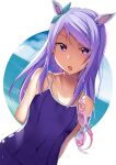 1girl animal_ears arm_behind_back bangs bare_shoulders blush breasts cac_itinose collarbone commentary_request covered_navel day dutch_angle goggles goggles_removed highres horse_ears long_hair mejiro_mcqueen_(umamusume) one-piece_swimsuit open_mouth purple_eyes purple_hair purple_swimsuit small_breasts solo swept_bangs swimsuit umamusume upper_body wet wet_hair 