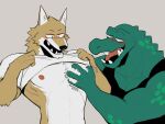  2021 anthro blush canid canine chest_grab clothed clothing clothing_lift drunk duo hi_res k0bit0wani male mammal reptile scalie shirt shirt_lift simple_background smile substance_intoxication topwear white_background 