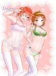  2girls aho_no_sakata bikini breasts brown_hair calf_socks earrings food fruit green_eyes green_nails hair_ornament hairclip headband highres jewelry lingerie multiple_girls navel niconico red_hair red_nails rummy_73 sakako_(aho_no_sakata) short_hair stomach strawberry swimsuit underwear urako_(uratanuki) urashimasakatasen uratanuki utaite_(singer) wrist 