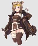 1girl absurdres blush breasts brown_hair bullpup character_name commentary_request covered_navel cowboy_shot double_bun eyewear_on_head girls_frontline gloves grey_background gun hako_reeema highres holding holding_gun holding_weapon jacket medium_breasts off_shoulder p90 p90_(girls_frontline) panties red_eyes short_hair smile solo submachine_gun sunglasses thigh_strap thighhighs trigger_discipline underwear weapon white_panties 