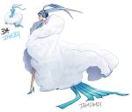  1girl altaria artist_name blue_footwear blue_hair coat creature_and_personification dress feather_hair_ornament feathers full_body gen_3_pokemon hair_ornament high_heels number personification pokedex_number pokemon pokemon_(creature) profile simple_background standing tamtamdi white_background white_coat 