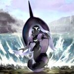  byte_(grunty-hag1) cloud commentary_request day floating_hair gen_7_pokemon grey_eyes legendary_pokemon long_hair looking_at_viewer no_humans outdoors pokemon pokemon_(creature) purple_hair sky solo tapu_fini water 