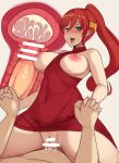  1girl bar_censor breasts censored cowgirl_position cum cum_in_pussy dress forehead_protector girl_on_top green_eyes holding_hands internal_cumshot lainart long_hair medium_breasts nipples penis ponytail pov pyrrha_nikos red_dress red_hair rwby sex solo_focus straddling sweater turtleneck turtleneck_sweater vaginal 